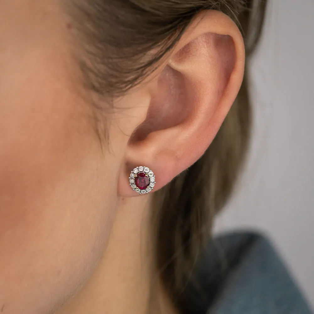 0.77 Carat Created Ruby Oval Shaped and Diamond Stud Earrings in 9ct Yellow Gold