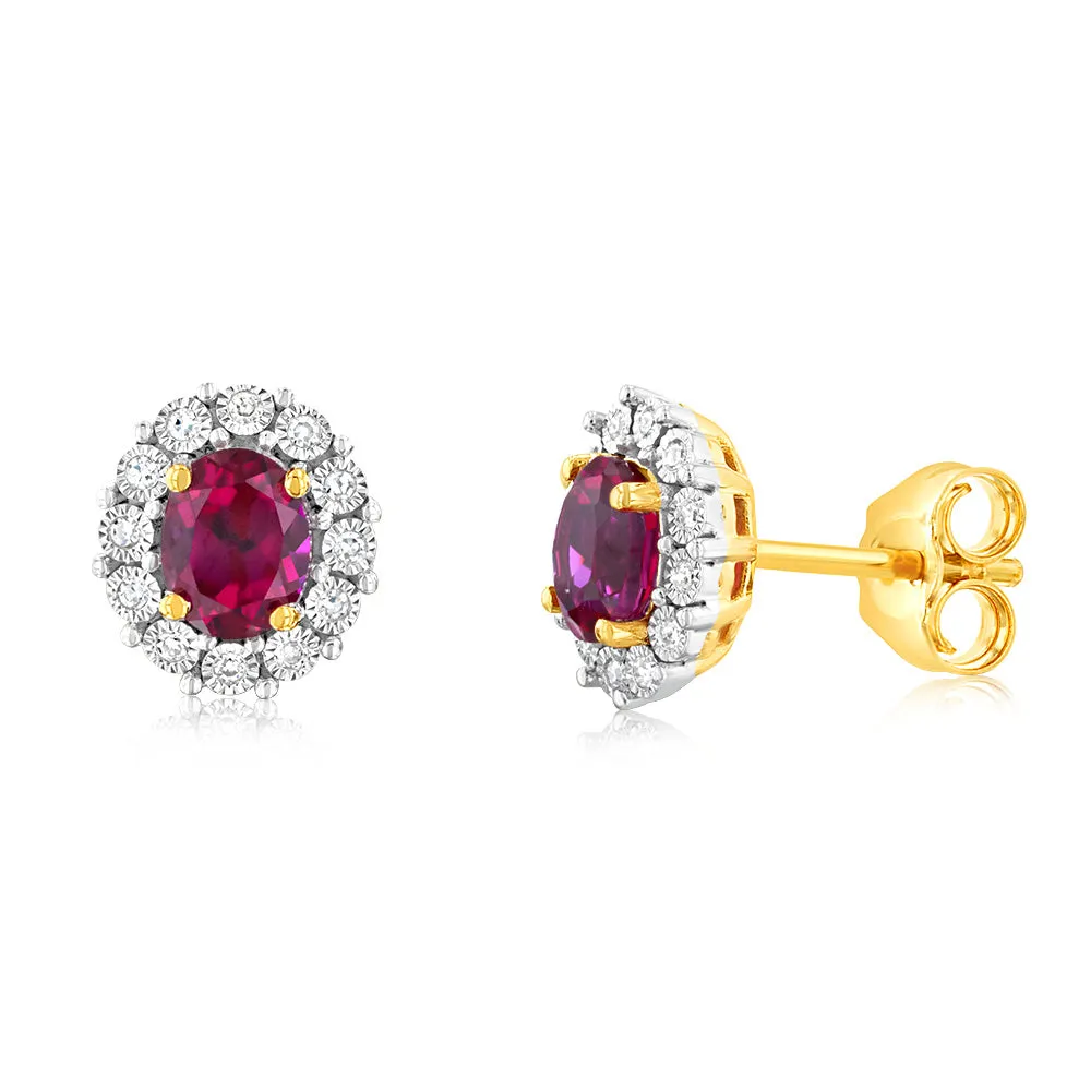0.77 Carat Created Ruby Oval Shaped and Diamond Stud Earrings in 9ct Yellow Gold