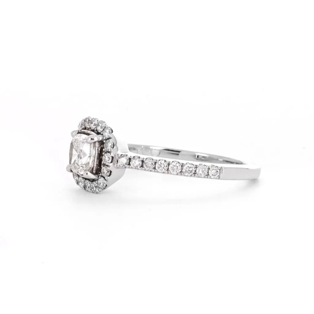 0.82ctw Cushion Diamond Engagement Ring, Halo, Pav Band - 14K White Gold