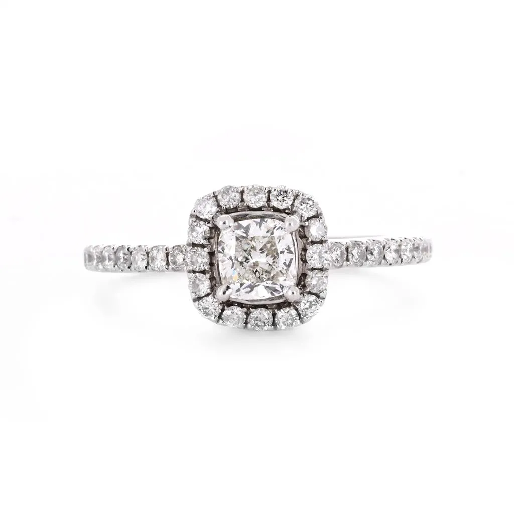 0.82ctw Cushion Diamond Engagement Ring, Halo, Pav Band - 14K White Gold