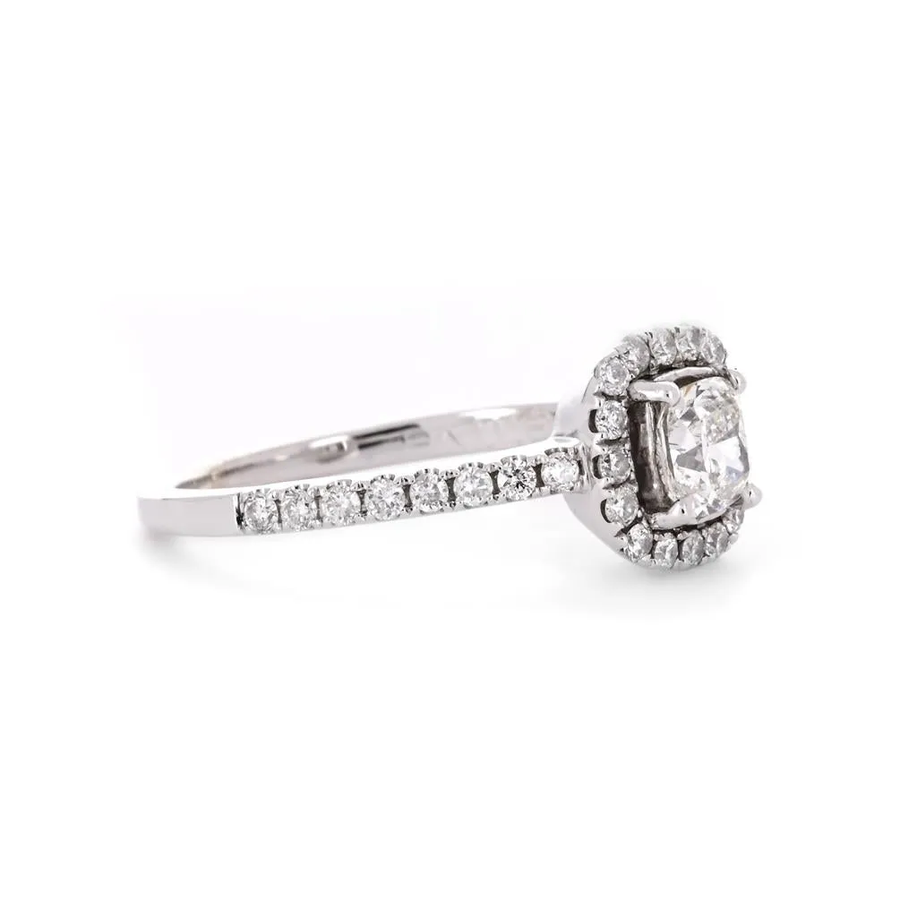 0.82ctw Cushion Diamond Engagement Ring, Halo, Pav Band - 14K White Gold