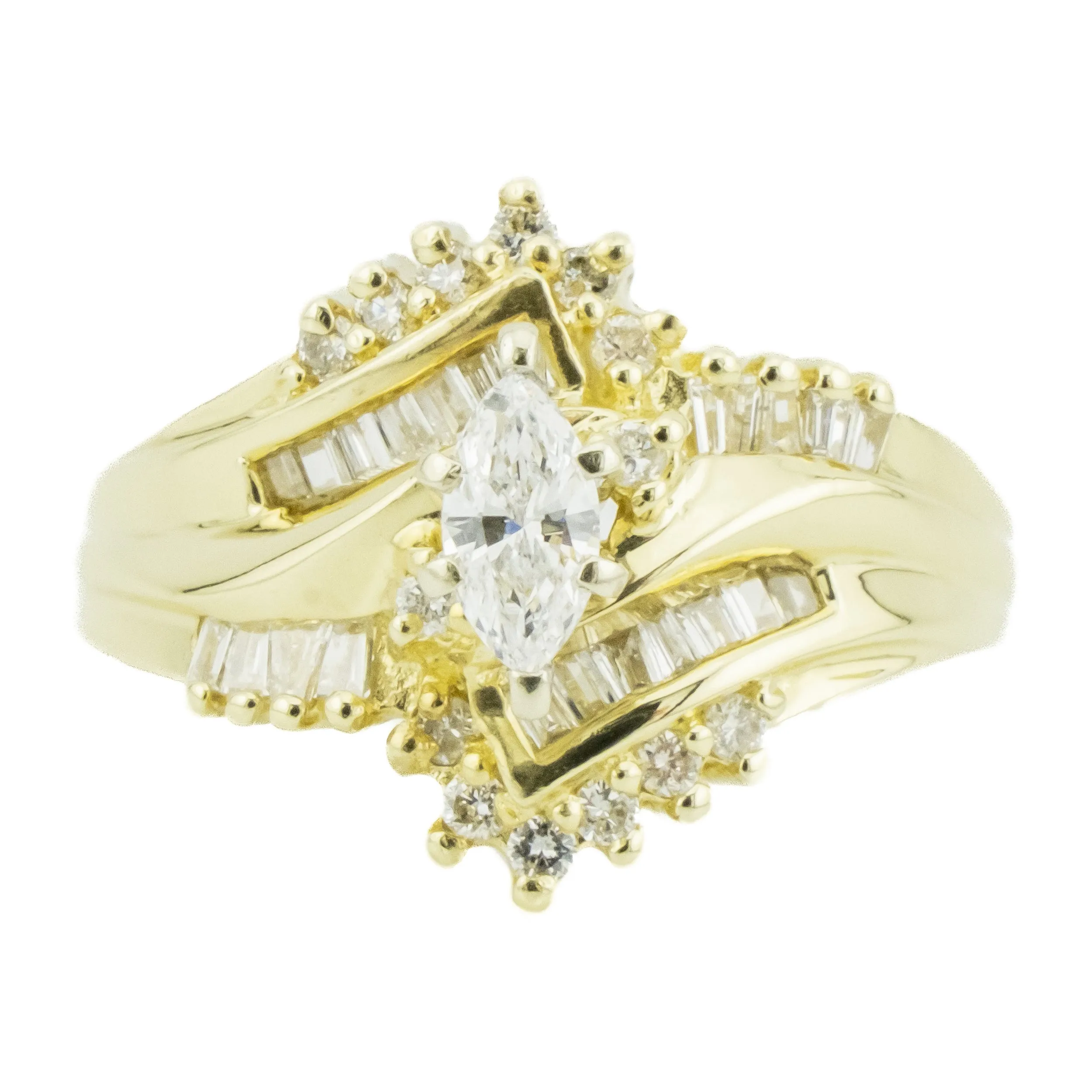 0.85ctw Marquise, Round, & Baguette Cluster Diamond Ring in 14K Yellow Gold - Size 5