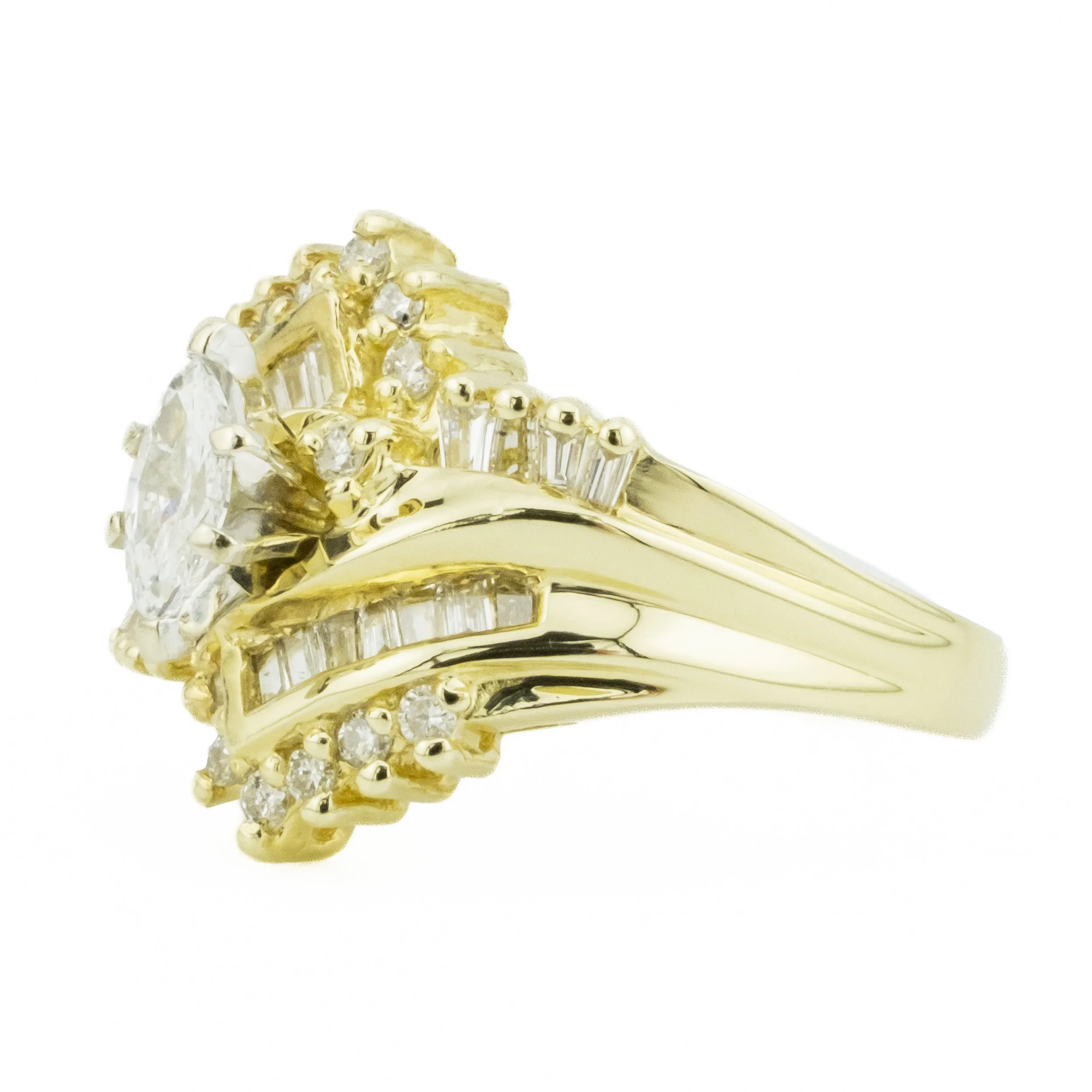 0.85ctw Marquise, Round, & Baguette Cluster Diamond Ring in 14K Yellow Gold - Size 5