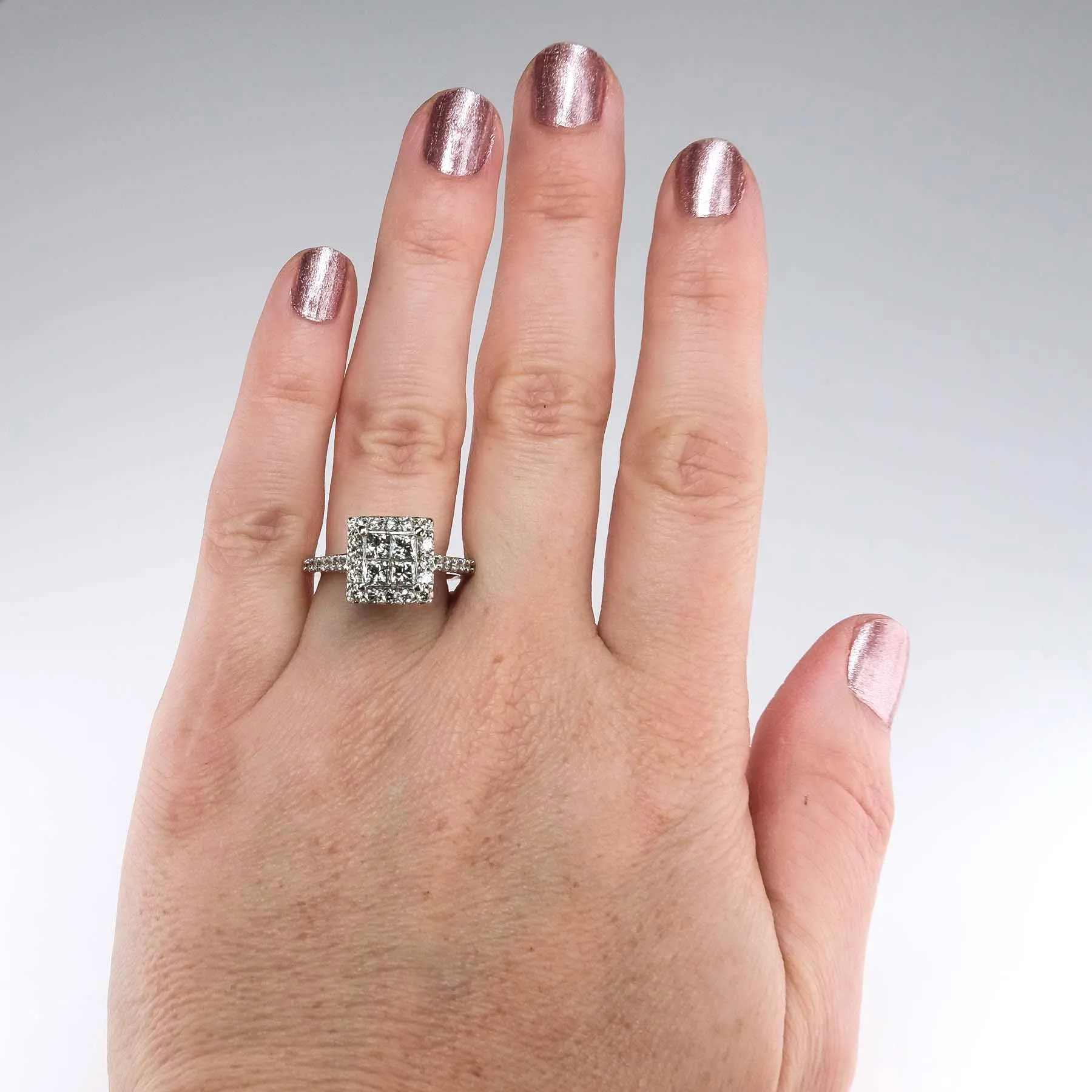 1.00ctw Diamond Accented Halo Quad Cluster Engagement Ring in 14K White Gold