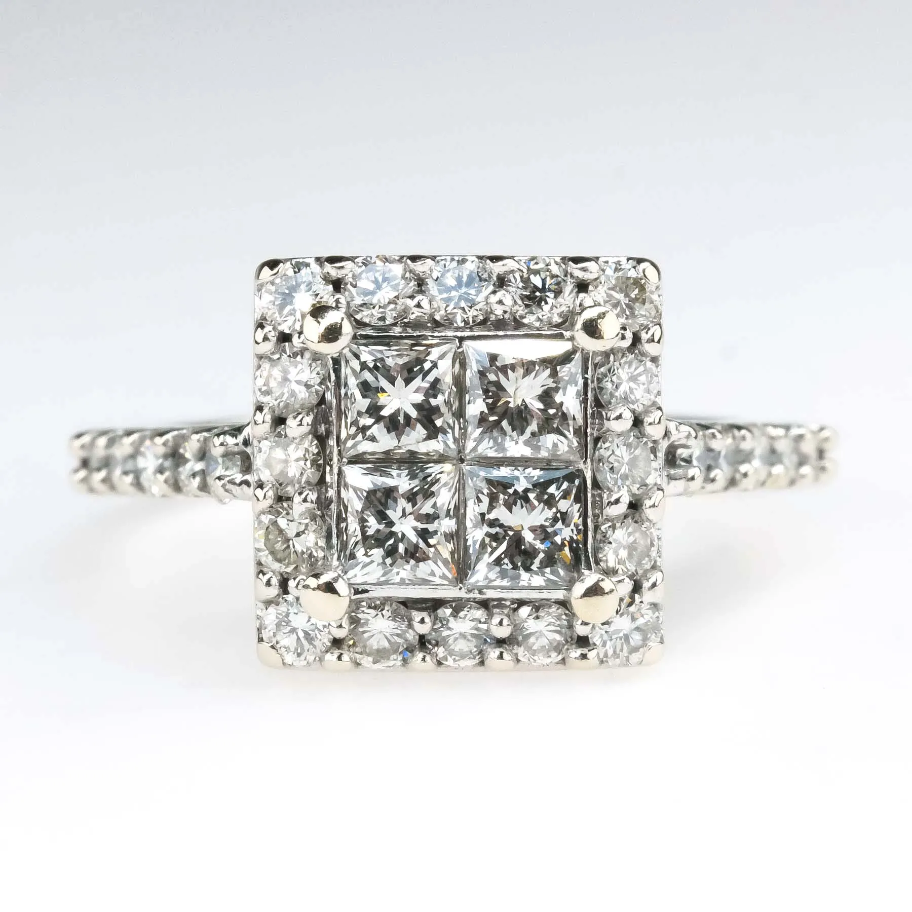 1.00ctw Diamond Accented Halo Quad Cluster Engagement Ring in 14K White Gold
