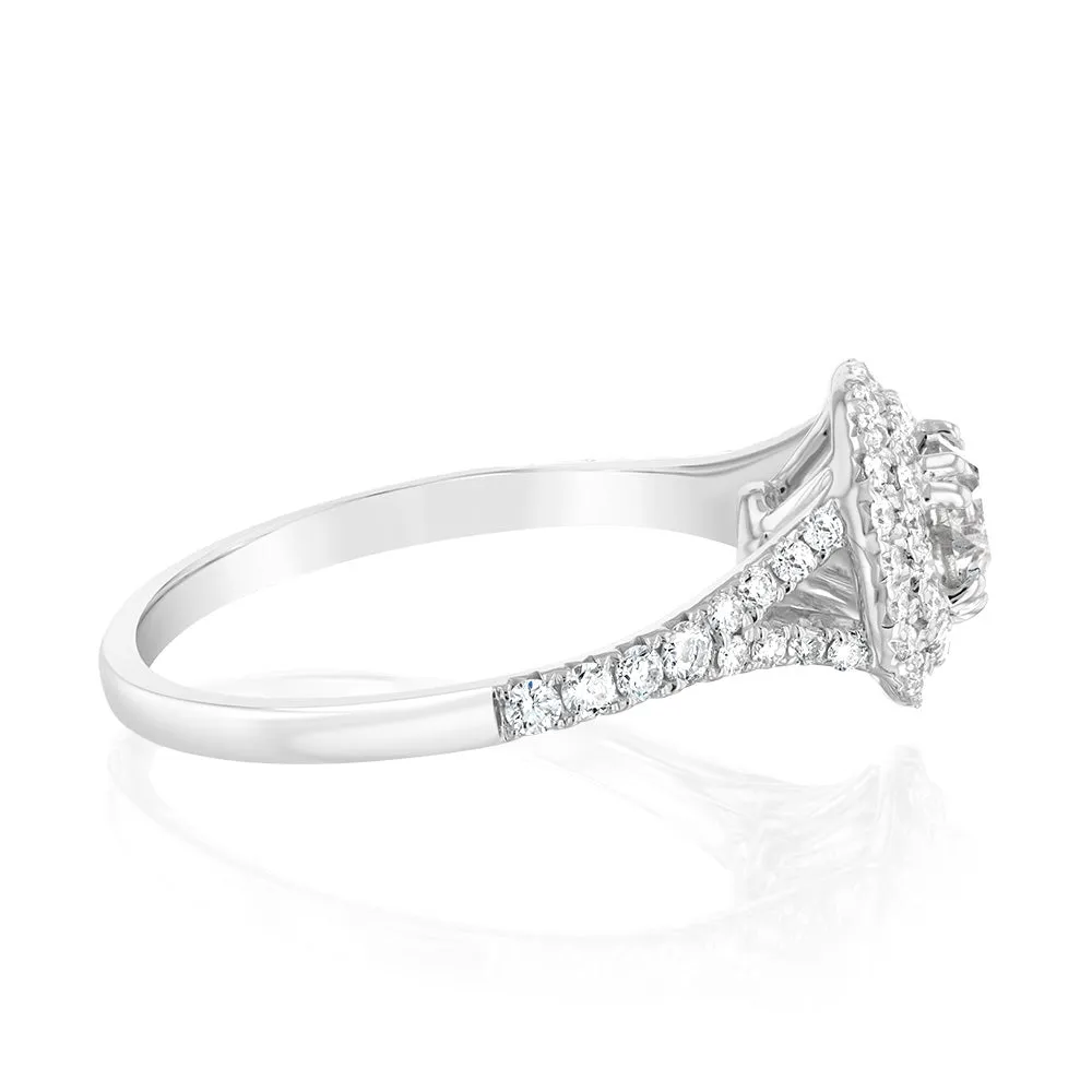 14ct White Gold 1 Carat Brilliant Cut Diamond Solitaire Ring with Double Diamond Halo and Diamond Split Shank