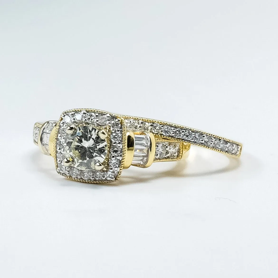 14K Yellow Gold GIA 1.09ctw Round Brilliant Diamond SI2/N Halo Bridal Set