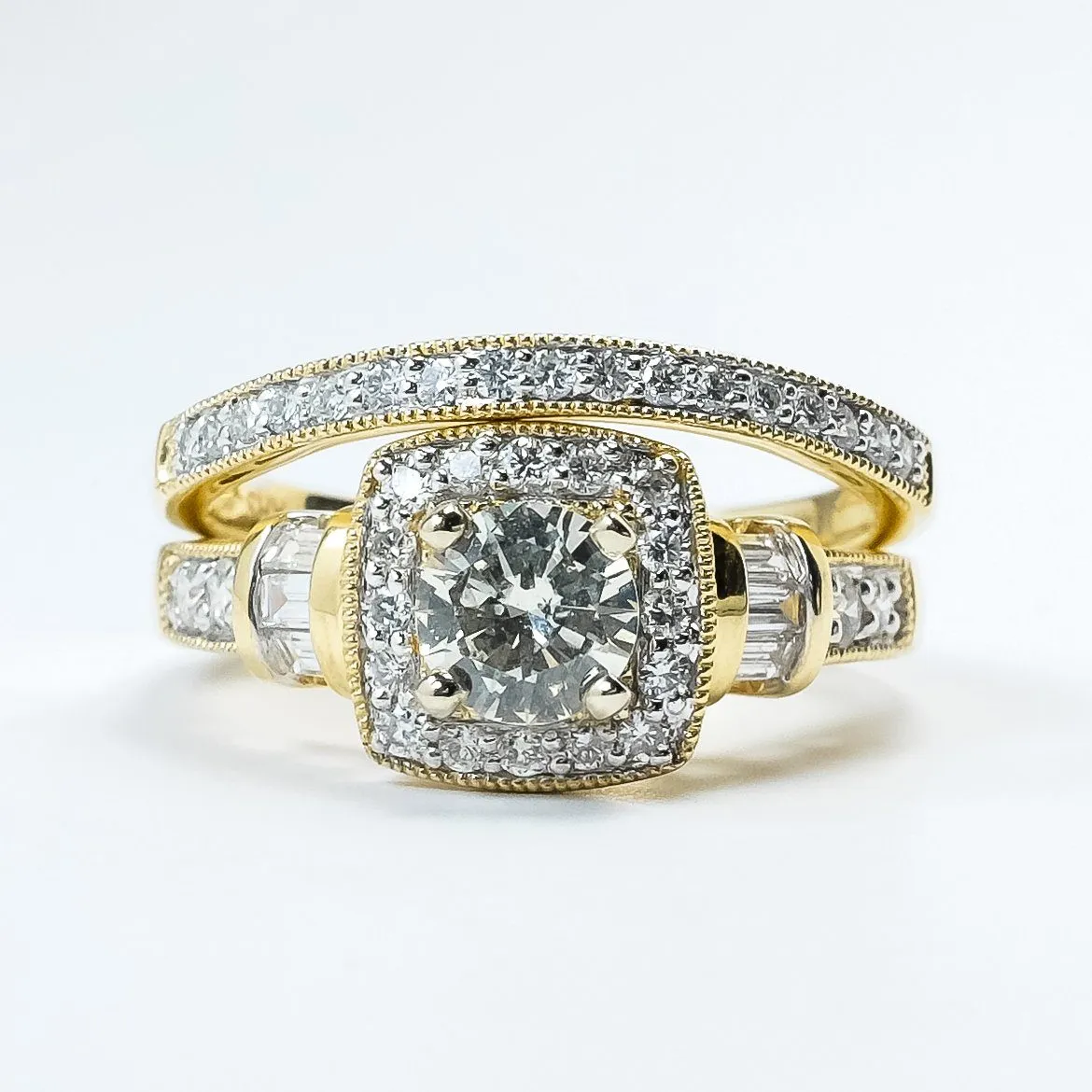 14K Yellow Gold GIA 1.09ctw Round Brilliant Diamond SI2/N Halo Bridal Set