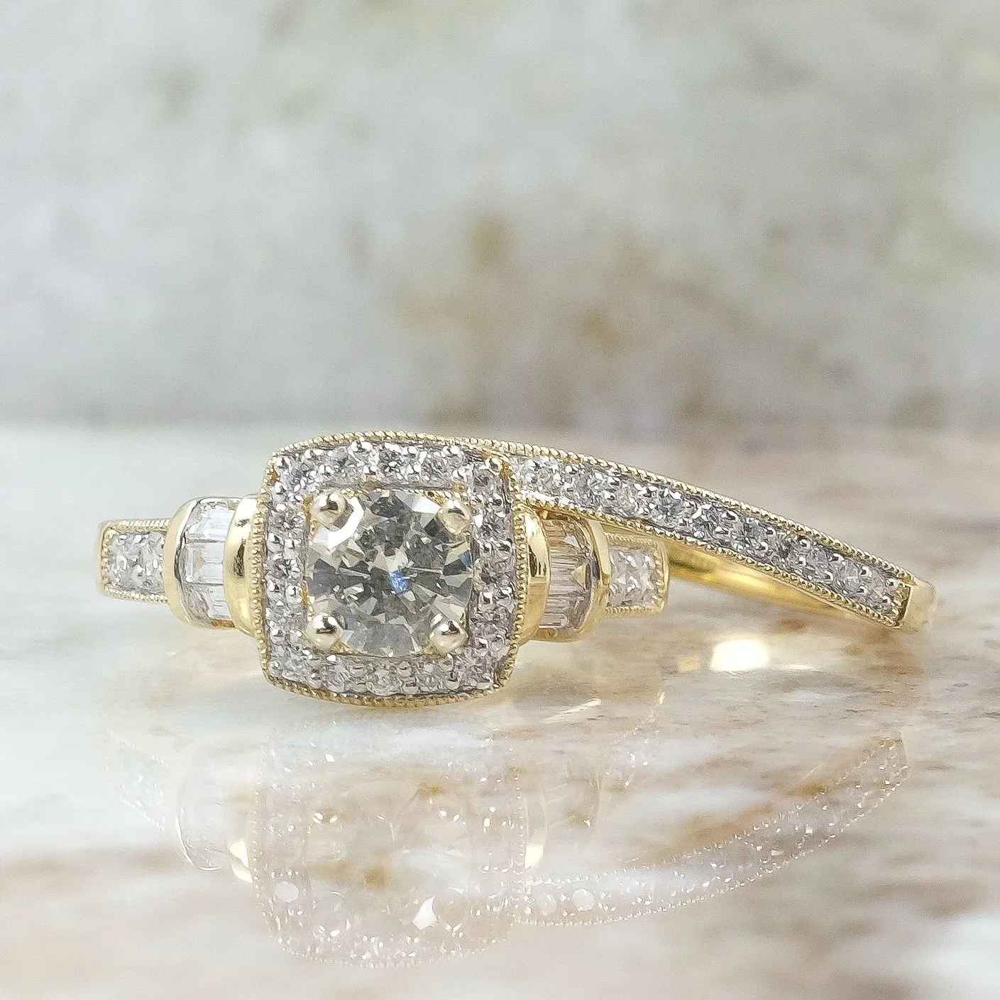 14K Yellow Gold GIA 1.09ctw Round Brilliant Diamond SI2/N Halo Bridal Set