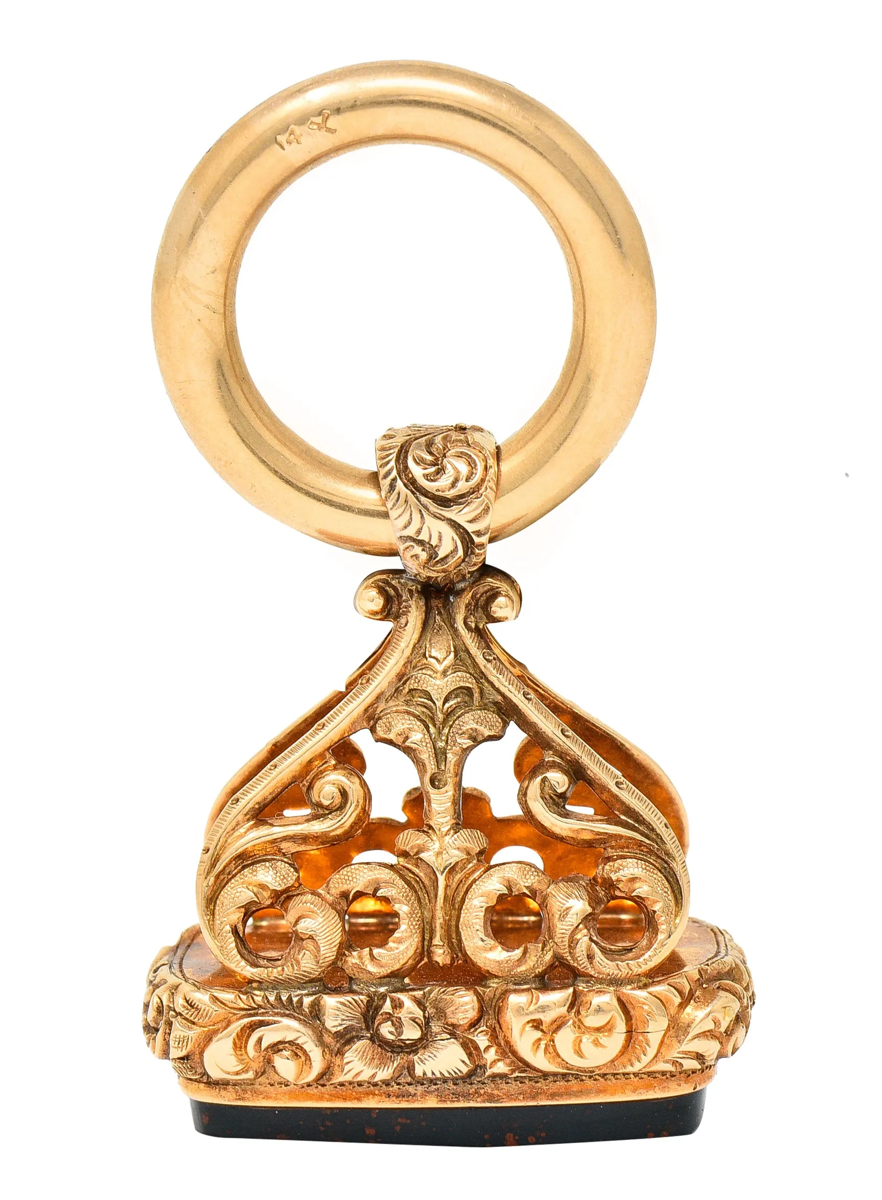 1890's Victorian Bloodstone 14 Karat Yellow Gold Antique Fob Pendant Charm