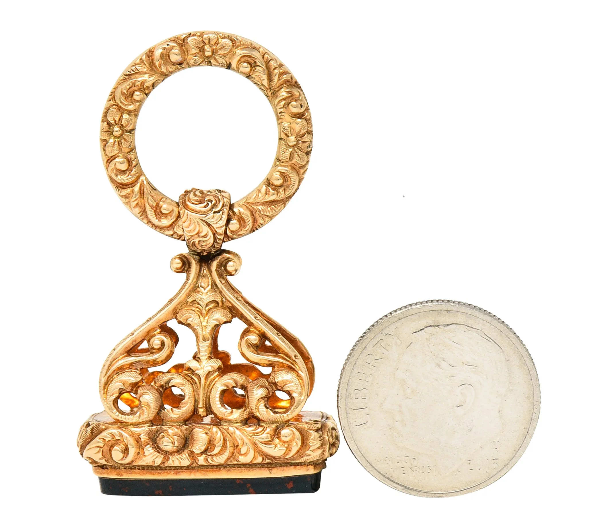 1890's Victorian Bloodstone 14 Karat Yellow Gold Antique Fob Pendant Charm