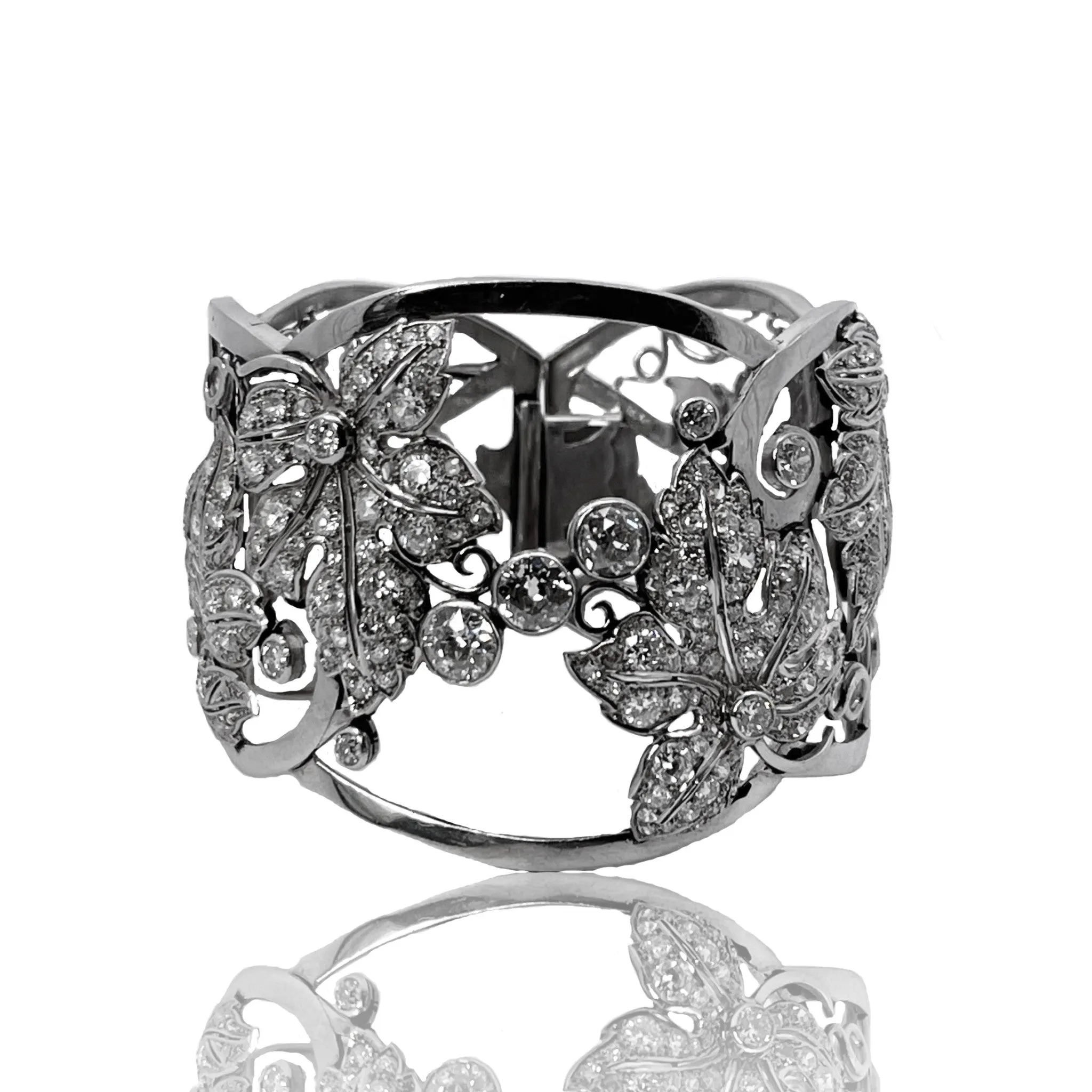 1950s Platinum Diamond Leaf Motif Bangle Bracelet