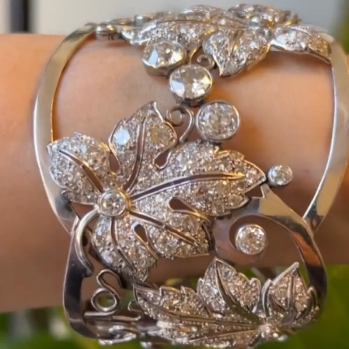 1950s Platinum Diamond Leaf Motif Bangle Bracelet