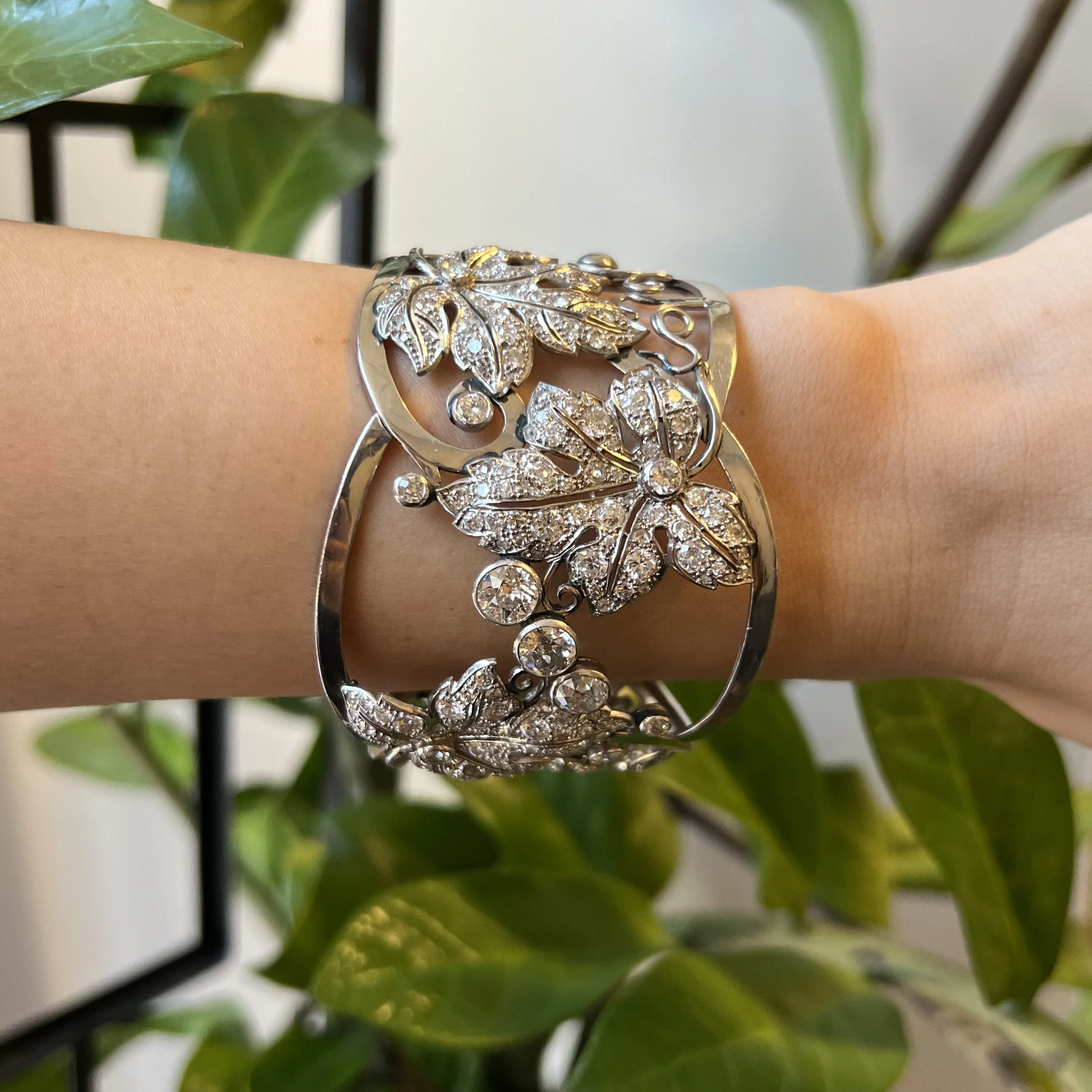 1950s Platinum Diamond Leaf Motif Bangle Bracelet