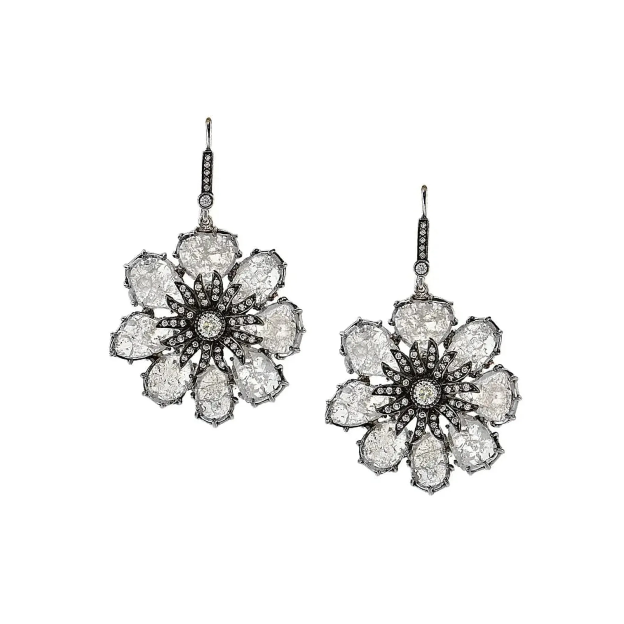 1980s 18KT White Gold Diamond Flower Earrings