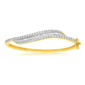 9ct Yellow Gold 2 Carat Diamond Bangle with Brilliant and Tapered Baguette Diamonds