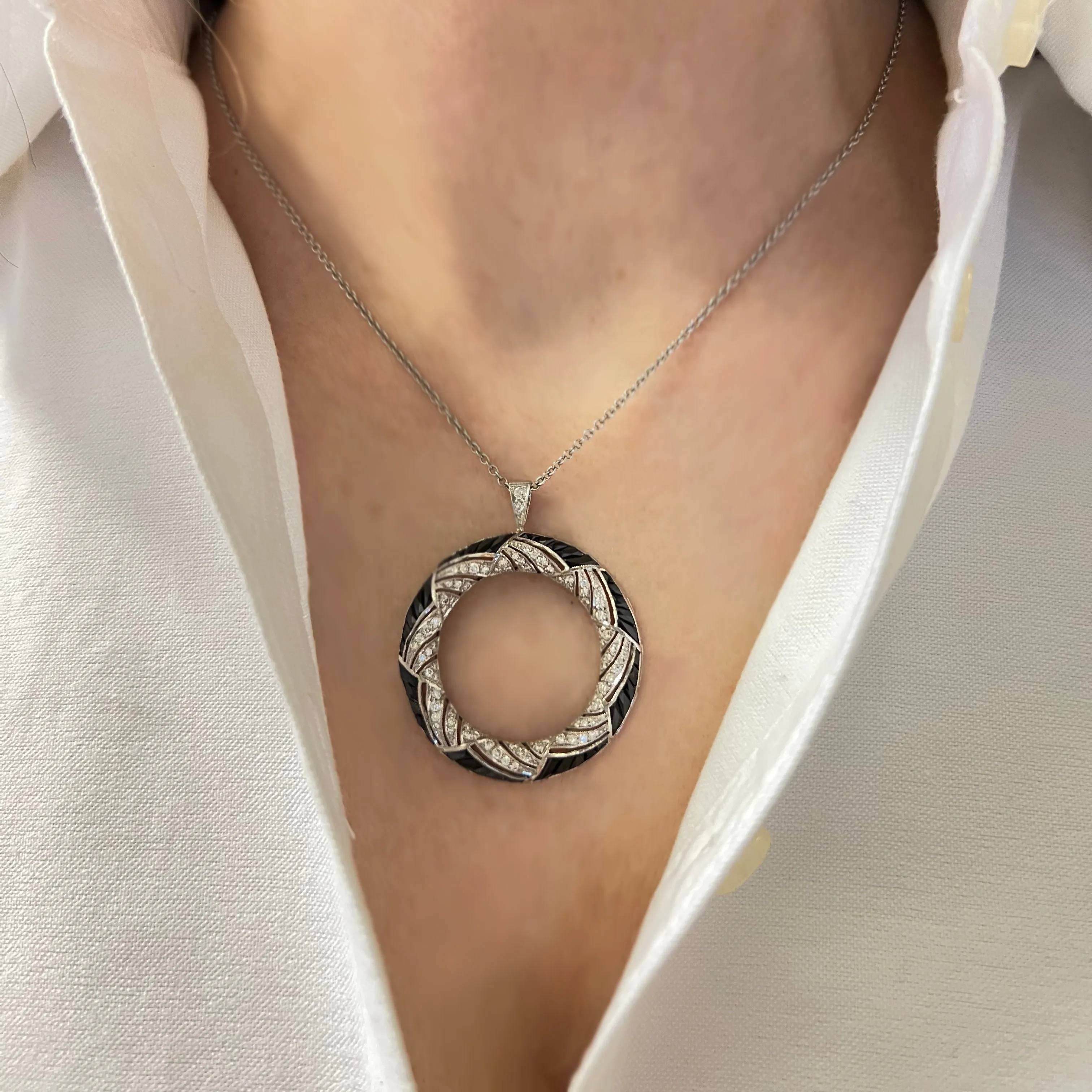 Art Deco Platinum Diamond & Onyx Pendant