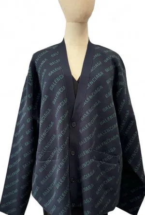 Balenciaga All-over Logo Green, Navy V-Neck Cardigan - Oversized Fit