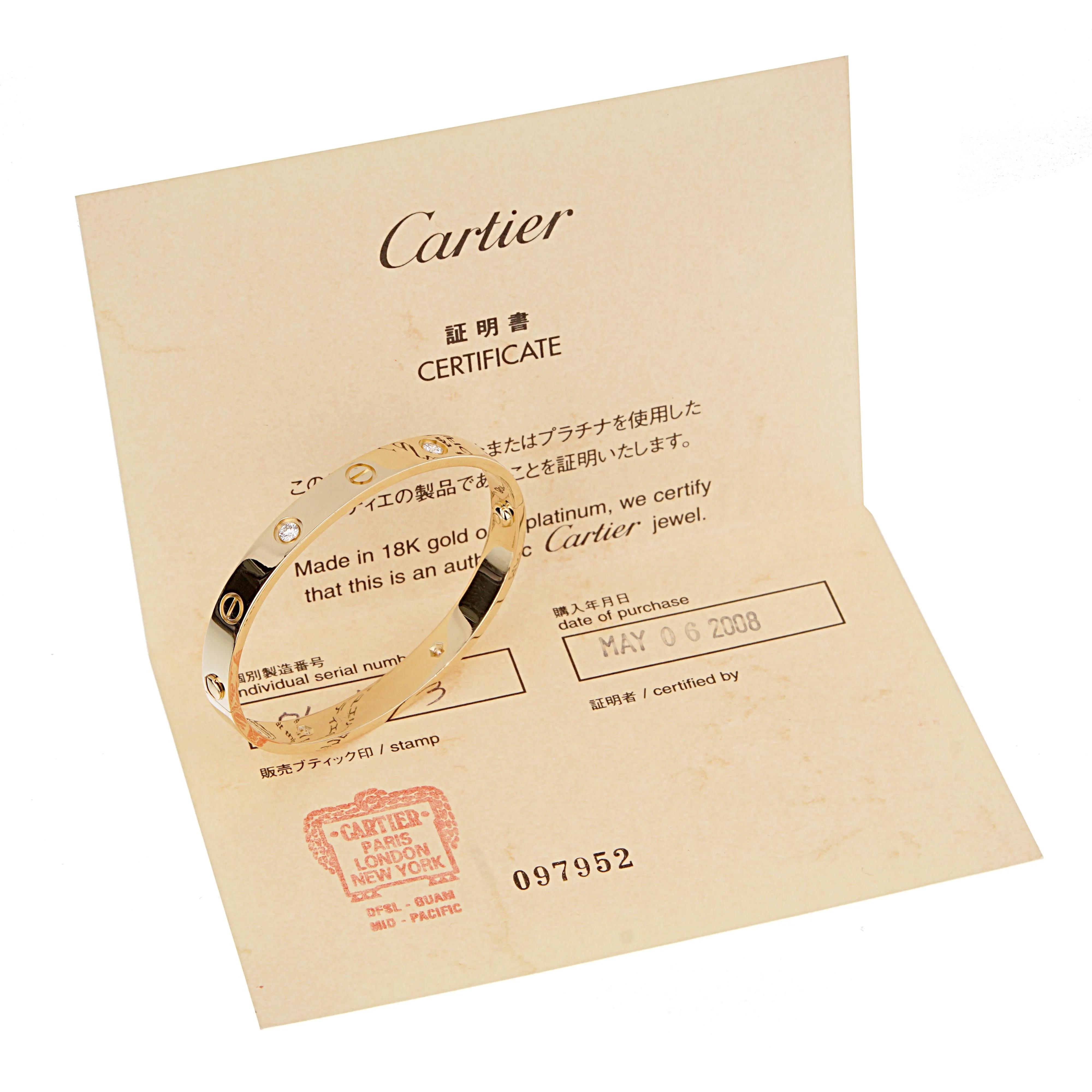 Cartier 4 Diamond 18k Yellow Gold Love Classic Bangle Bracelet Sz 16