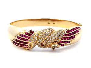 Diamond Swan and Ruby Bangle in 14k Yellow Gold