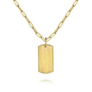 Dog Tag Pendant, Hollow Paper Clip Chain Necklace, 18" - 14K Yellow Gold