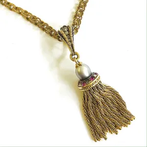 French Antique 18KT Yellow Gold Natural Pearl, Diamond & Ruby Tassel Pendant Necklace