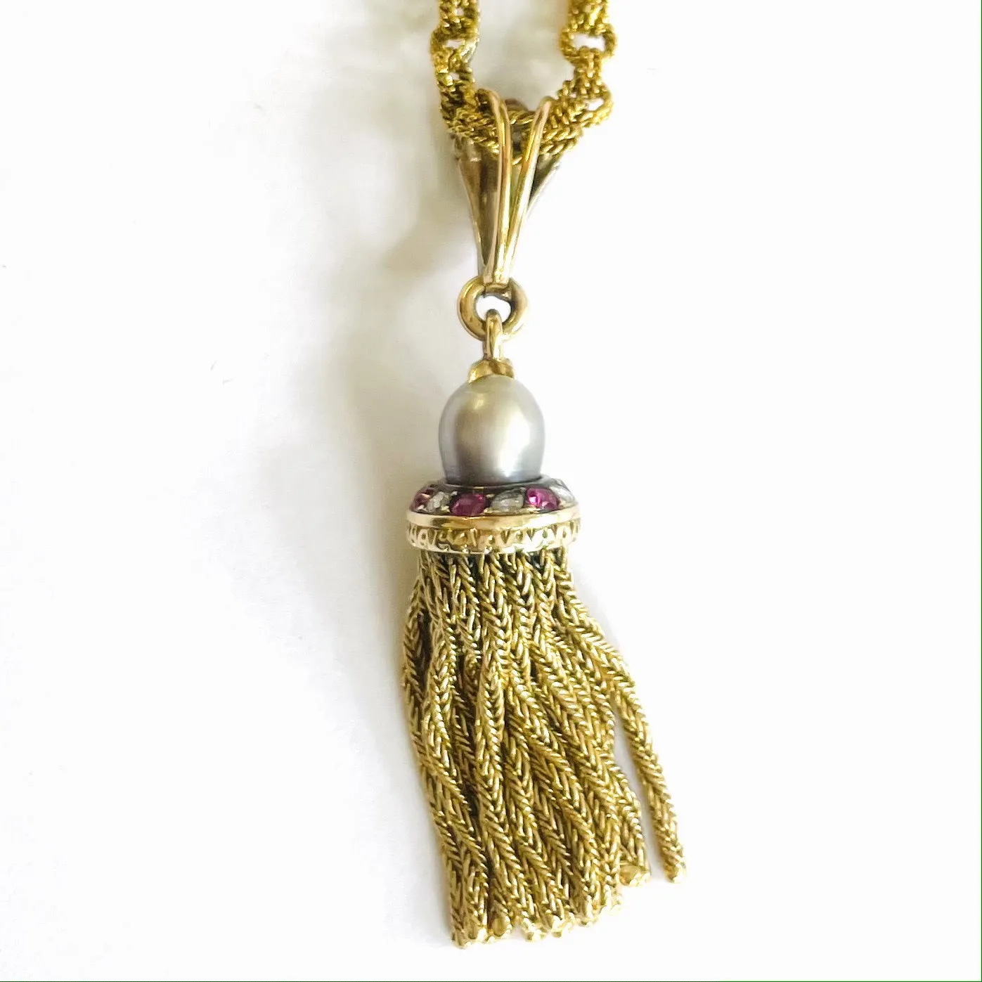 French Antique 18KT Yellow Gold Natural Pearl, Diamond & Ruby Tassel Pendant Necklace