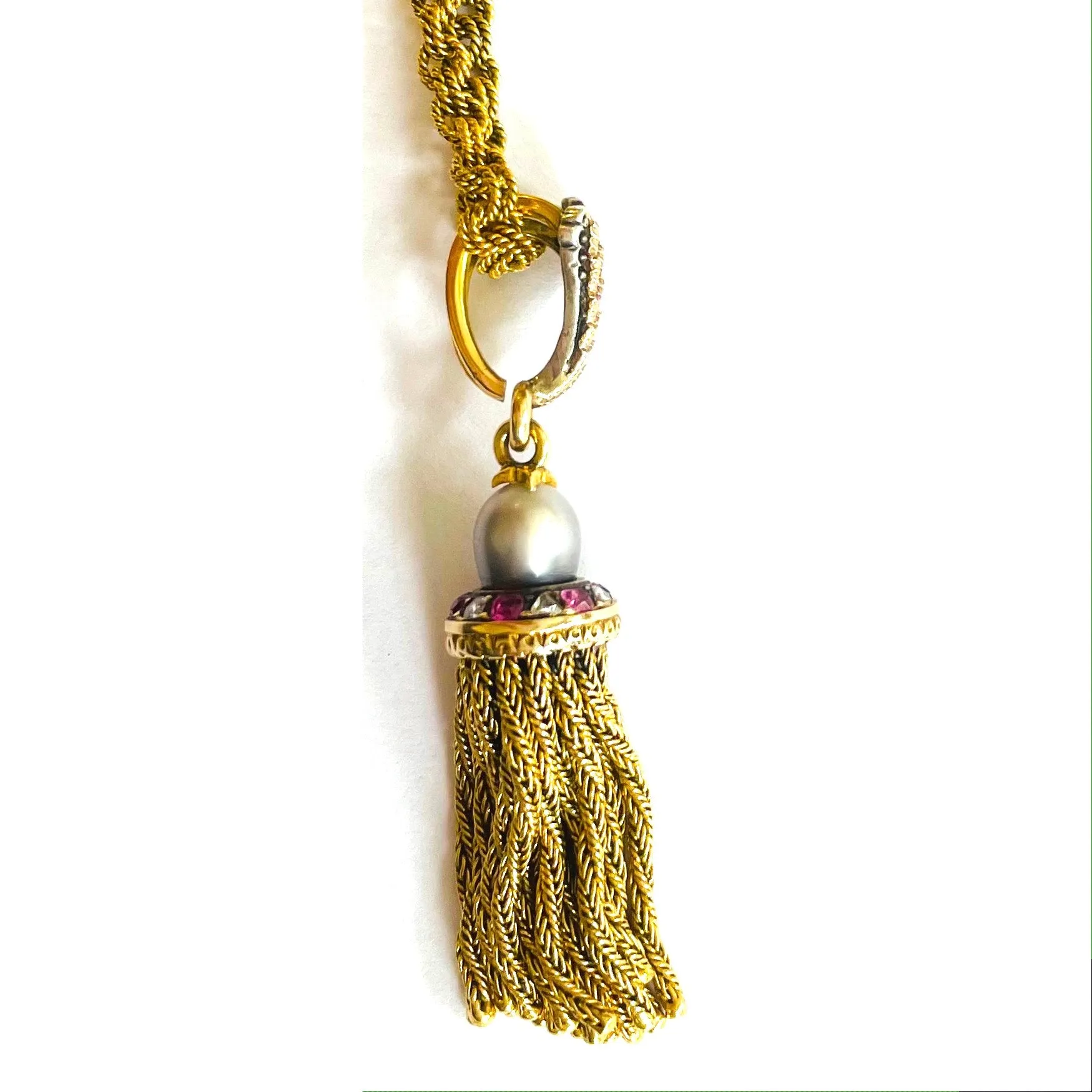 French Antique 18KT Yellow Gold Natural Pearl, Diamond & Ruby Tassel Pendant Necklace