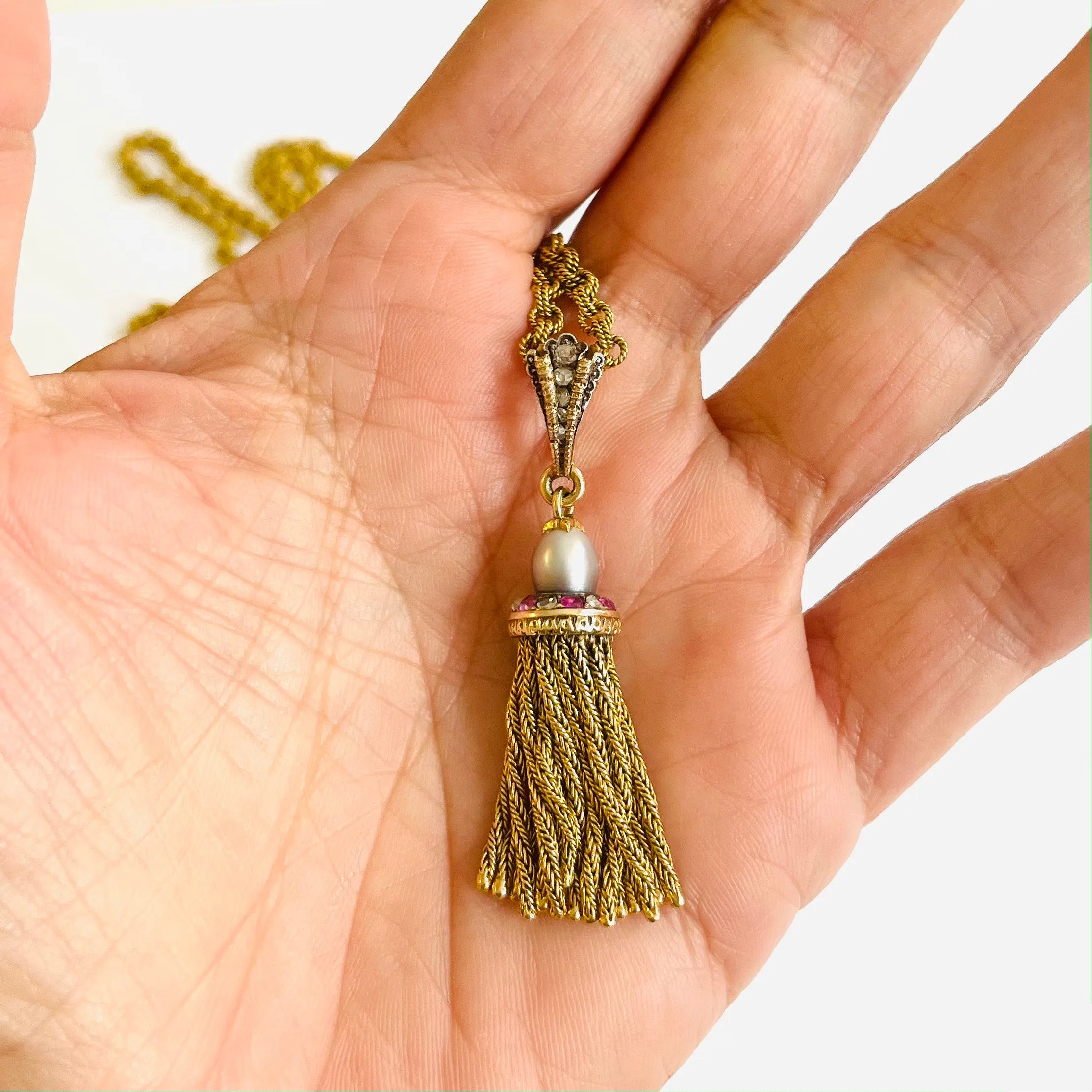 French Antique 18KT Yellow Gold Natural Pearl, Diamond & Ruby Tassel Pendant Necklace