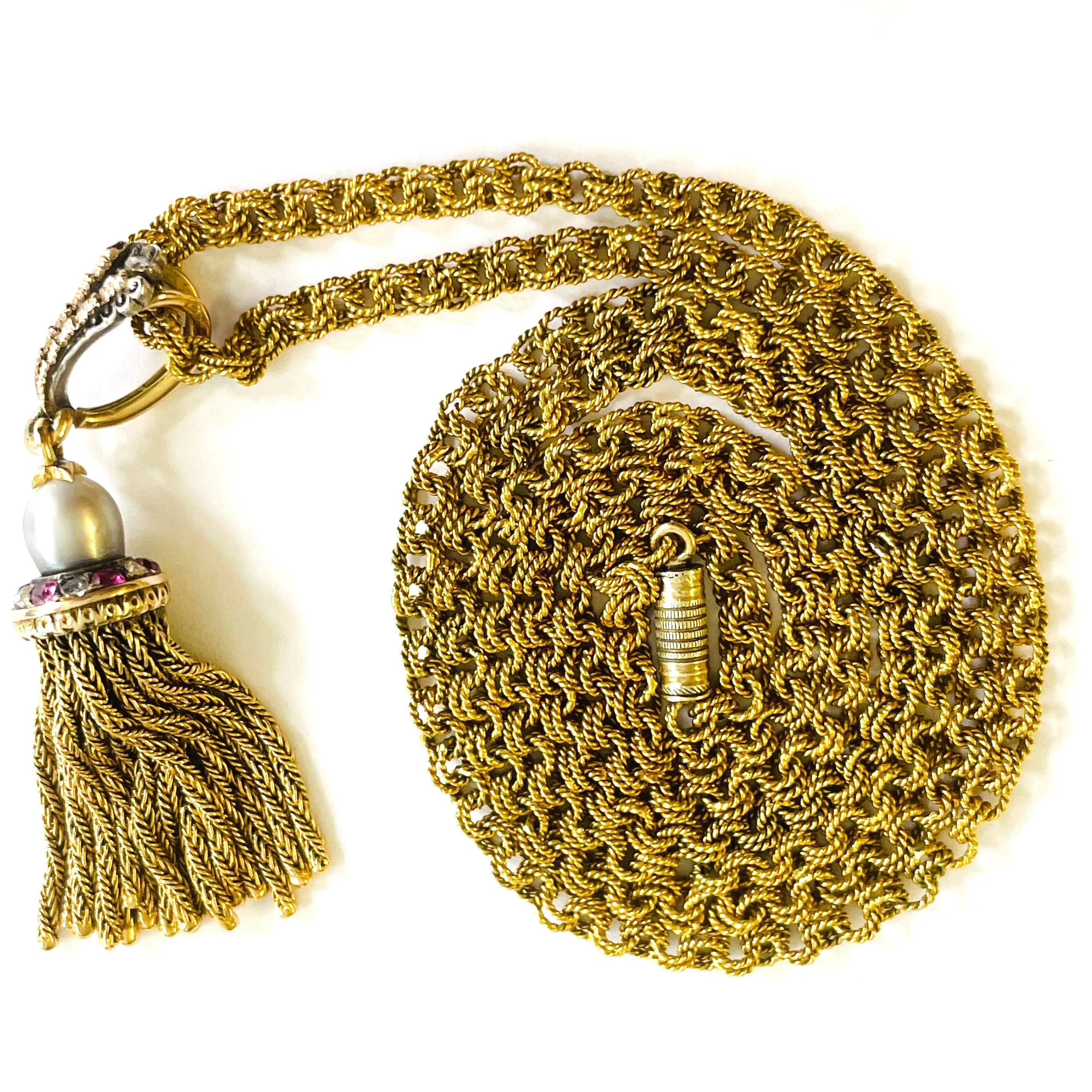 French Antique 18KT Yellow Gold Natural Pearl, Diamond & Ruby Tassel Pendant Necklace