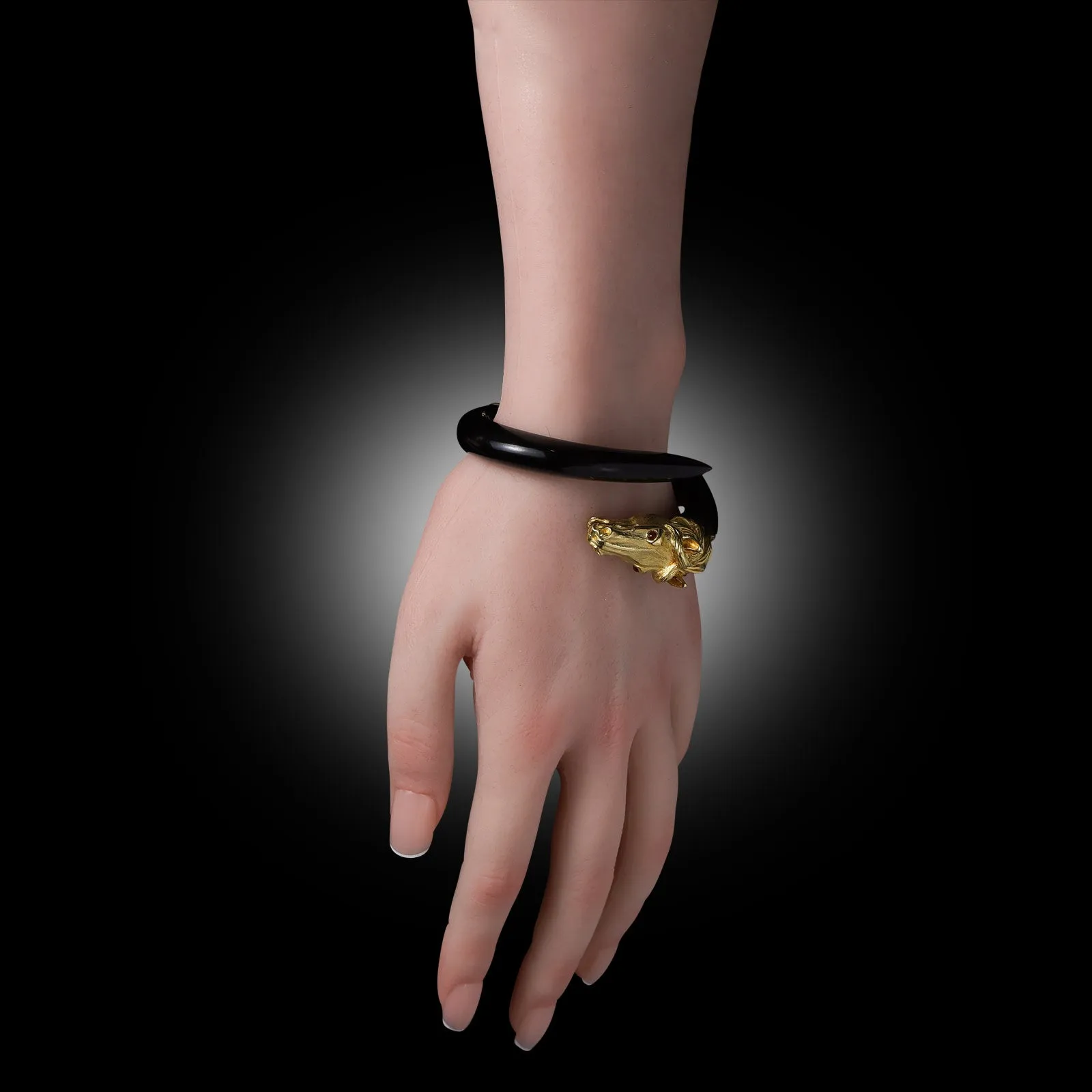 Gay Freres Swiss 1970s 18KT Yellow Gold & Ebony Wood Stallion Head Bangle Bracelet