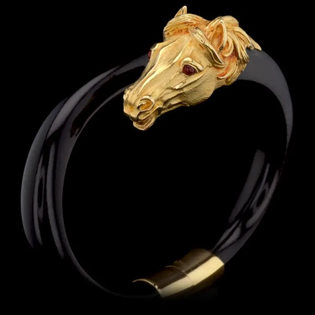 Gay Freres Swiss 1970s 18KT Yellow Gold & Ebony Wood Stallion Head Bangle Bracelet