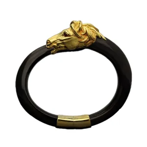 Gay Freres Swiss 1970s 18KT Yellow Gold & Ebony Wood Stallion Head Bangle Bracelet