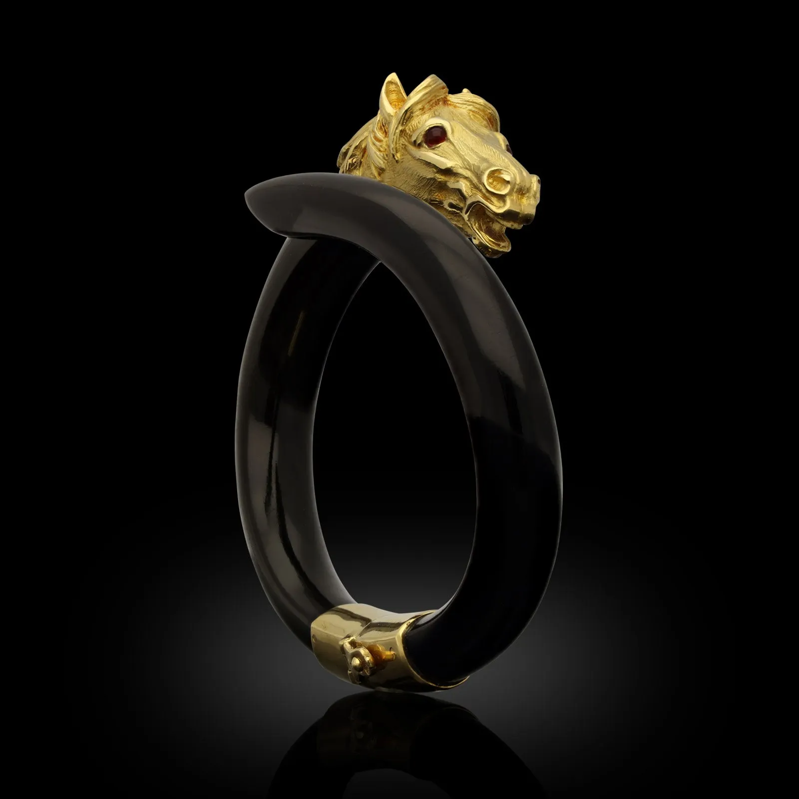 Gay Freres Swiss 1970s 18KT Yellow Gold & Ebony Wood Stallion Head Bangle Bracelet