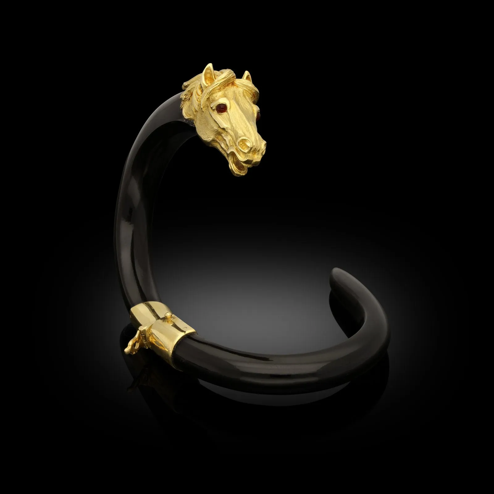 Gay Freres Swiss 1970s 18KT Yellow Gold & Ebony Wood Stallion Head Bangle Bracelet