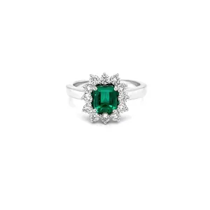 NEW ITALIAN ART 18CT WHITE GOLD 1.05CT EMERALD AND DIAMOND CLUSTER STYLE DRESS RING