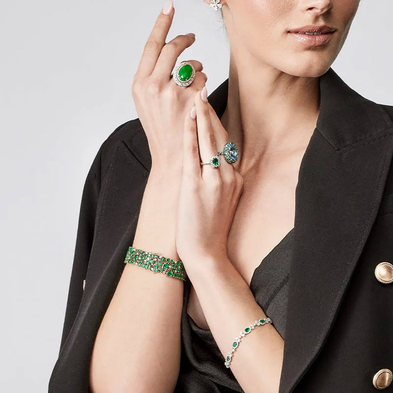NEW ITALIAN ART 18CT WHITE GOLD 1.05CT EMERALD AND DIAMOND CLUSTER STYLE DRESS RING