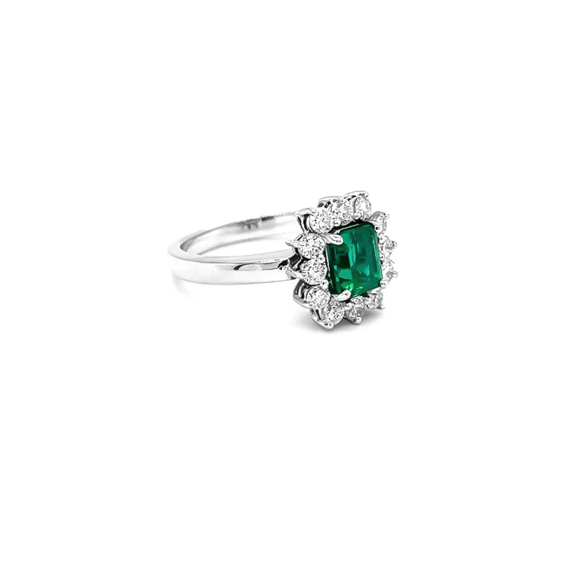 NEW ITALIAN ART 18CT WHITE GOLD 1.05CT EMERALD AND DIAMOND CLUSTER STYLE DRESS RING
