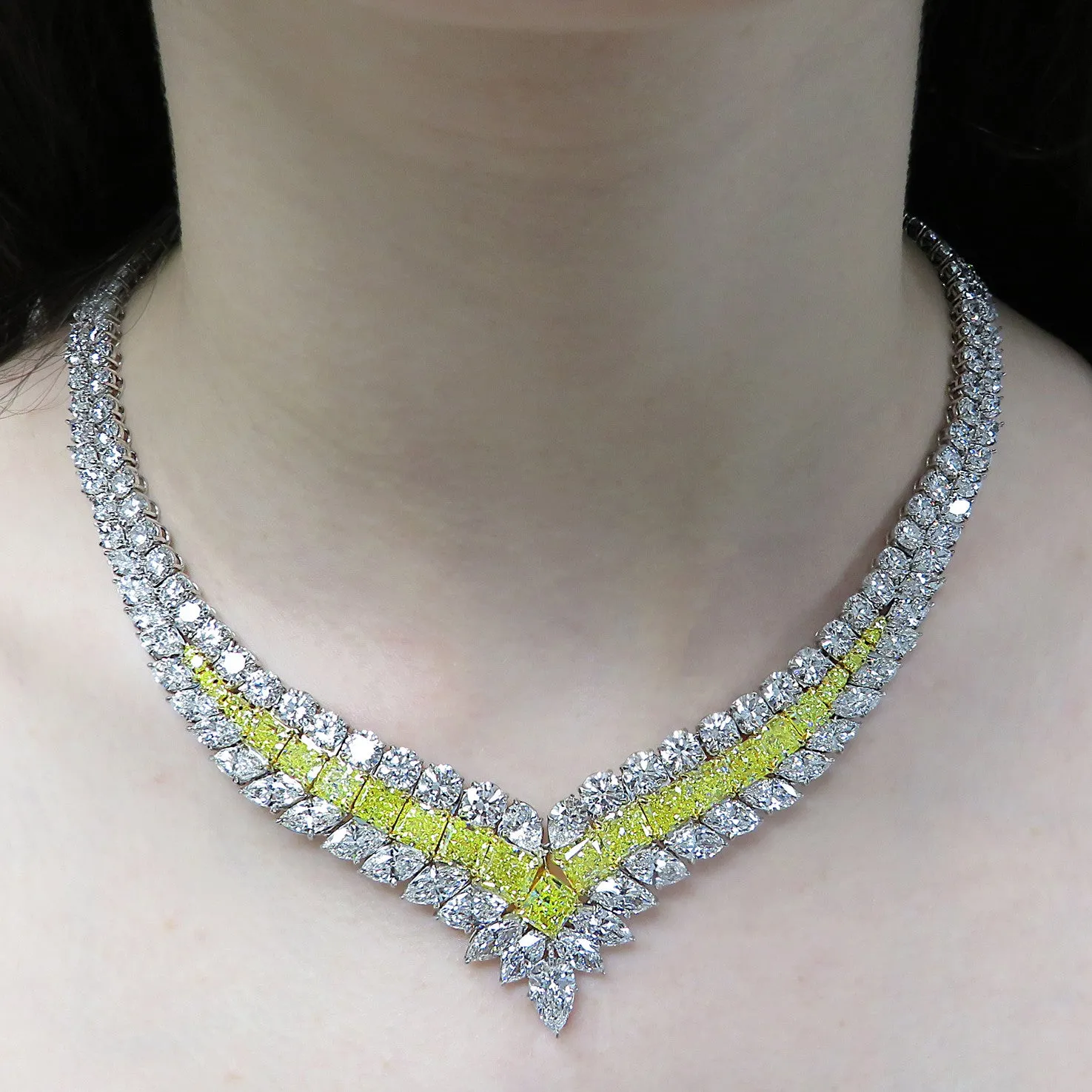 Post-1980s Platinum Yellow & White Diamond Necklace