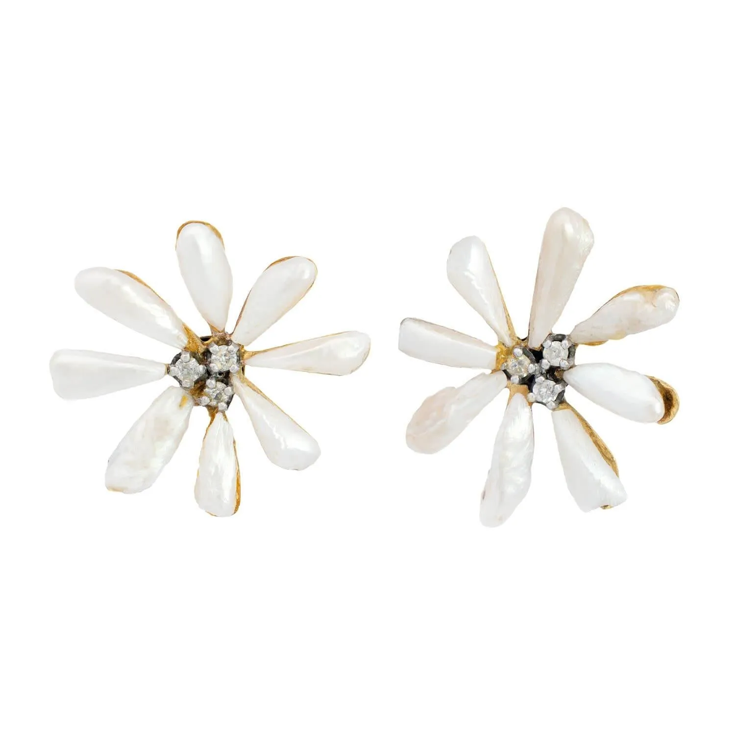 Victorian 14k Pearl and Diamond Flower Earrings