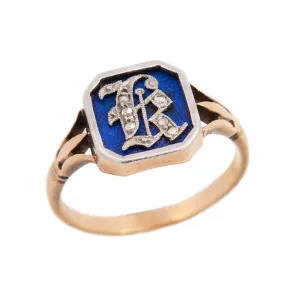 Victorian 18k Diamond and Enamel "R" Ring