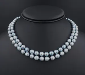 Vintage 10k Blue Pearl Double Strand Choker Necklace White Gold 7mm 15" NG1608